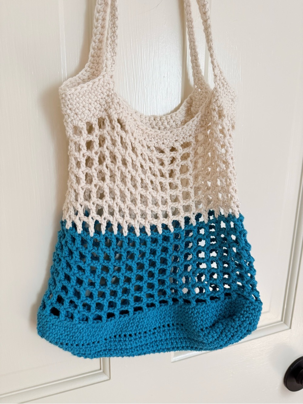 Cream and Teal Crochet Two-Tone Market Tote